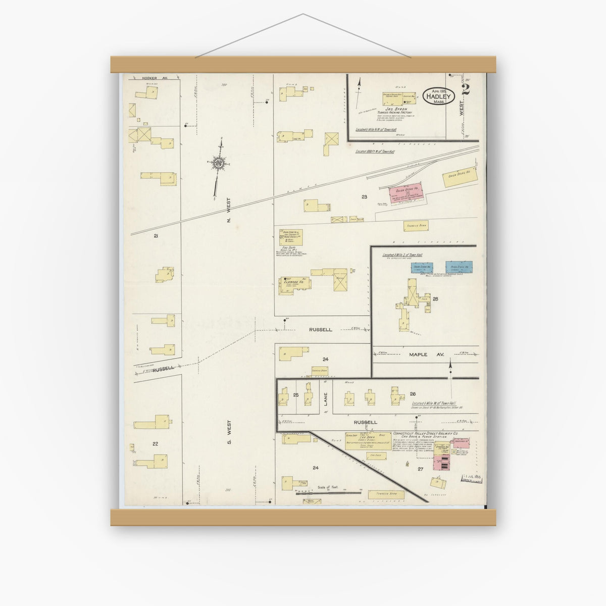 Old map wall art mockup — magnetic wood frame on white wall — Sanborn Fire Insurance Map from Hadley, Hampshire County, Massachusetts (1915), Sheet #0002