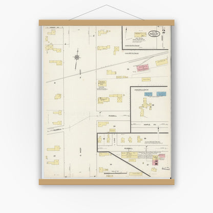 Old map wall art mockup — magnetic wood frame on white wall — Sanborn Fire Insurance Map from Hadley, Hampshire County, Massachusetts (1915), Sheet #0002