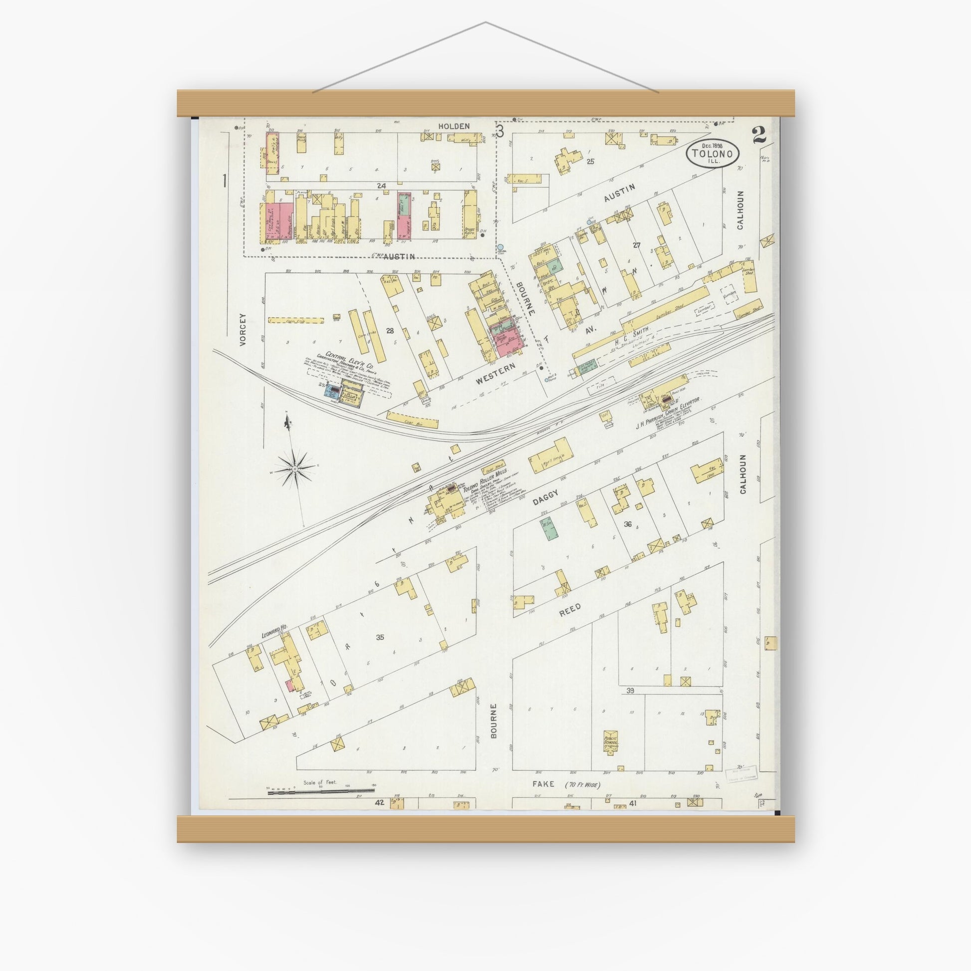 Old map wall art mockup — magnetic wood frame on white wall — Sanborn Fire Insurance Map from Tolono, Champaign County, Illinois (1898), Sheet #0002