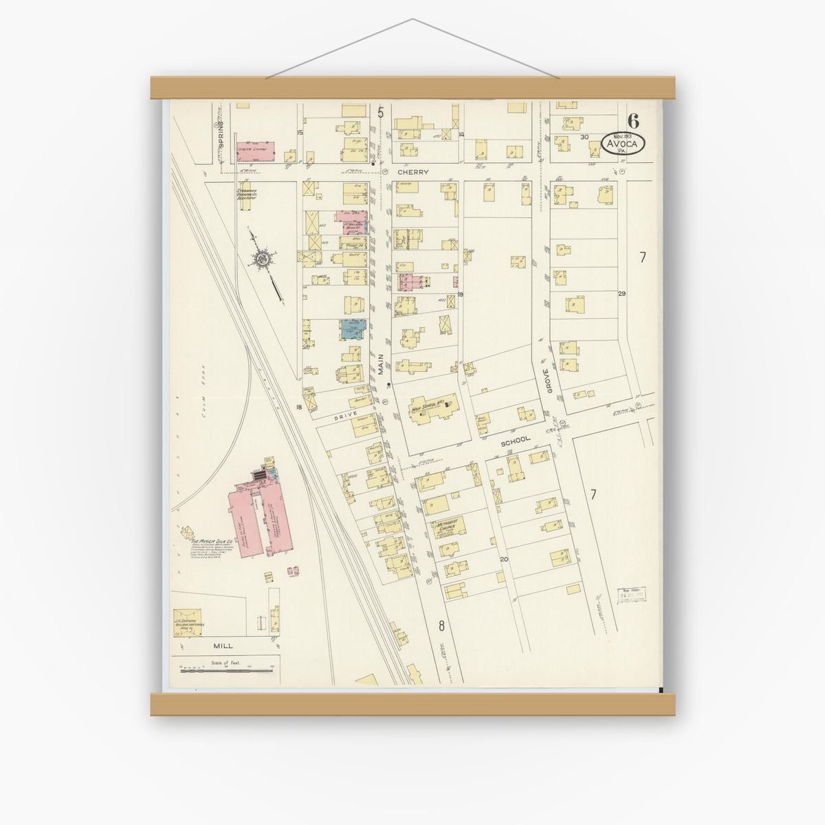 Old map wall art mockup — magnetic wood frame on white wall — Sanborn Fire Insurance Map from Avoca, Luzerne County, Pennsylvania (1913), Sheet #0006