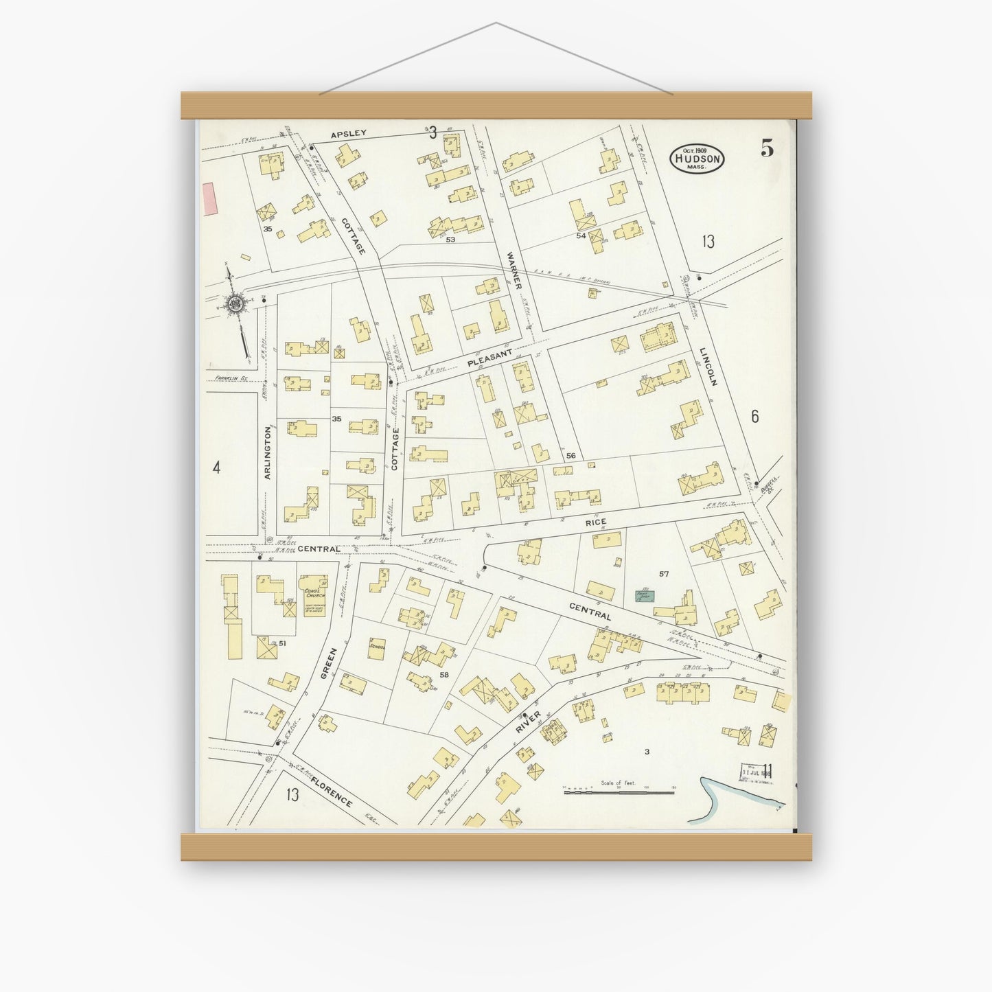 Old map wall art mockup — magnetic wood frame on white wall — Sanborn Fire Insurance Map from Hudson, Middlesex County, Massachusetts (1909), Sheet #0005