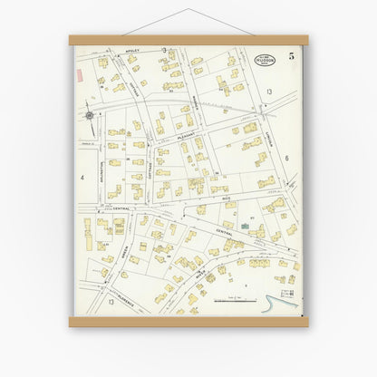 Old map wall art mockup — magnetic wood frame on white wall — Sanborn Fire Insurance Map from Hudson, Middlesex County, Massachusetts (1909), Sheet #0005