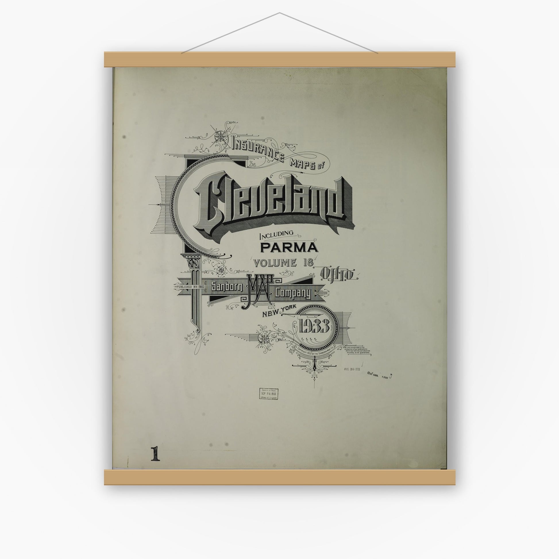 Old map wall art mockup — magnetic wood frame on white wall — Sanborn Fire Insurance Map from Cleveland, Cuyahoga County, Ohio (1933), Sheet #0001