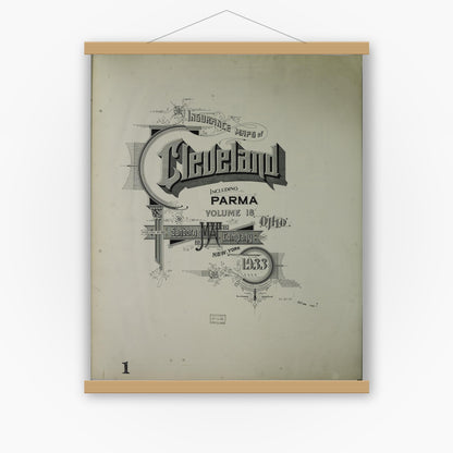 Old map wall art mockup — magnetic wood frame on white wall — Sanborn Fire Insurance Map from Cleveland, Cuyahoga County, Ohio (1933), Sheet #0001
