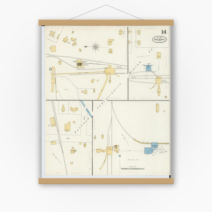 Old map wall art mockup — magnetic wood frame on white wall — Sanborn Fire Insurance Map from Red Jacket, Houghton County, Michigan (1897), Sheet #0014