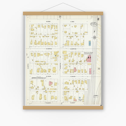Old map wall art mockup — magnetic wood frame on white wall — Sanborn Fire Insurance Map from Denison, Grayson County, Texas (1903), Sheet #0002