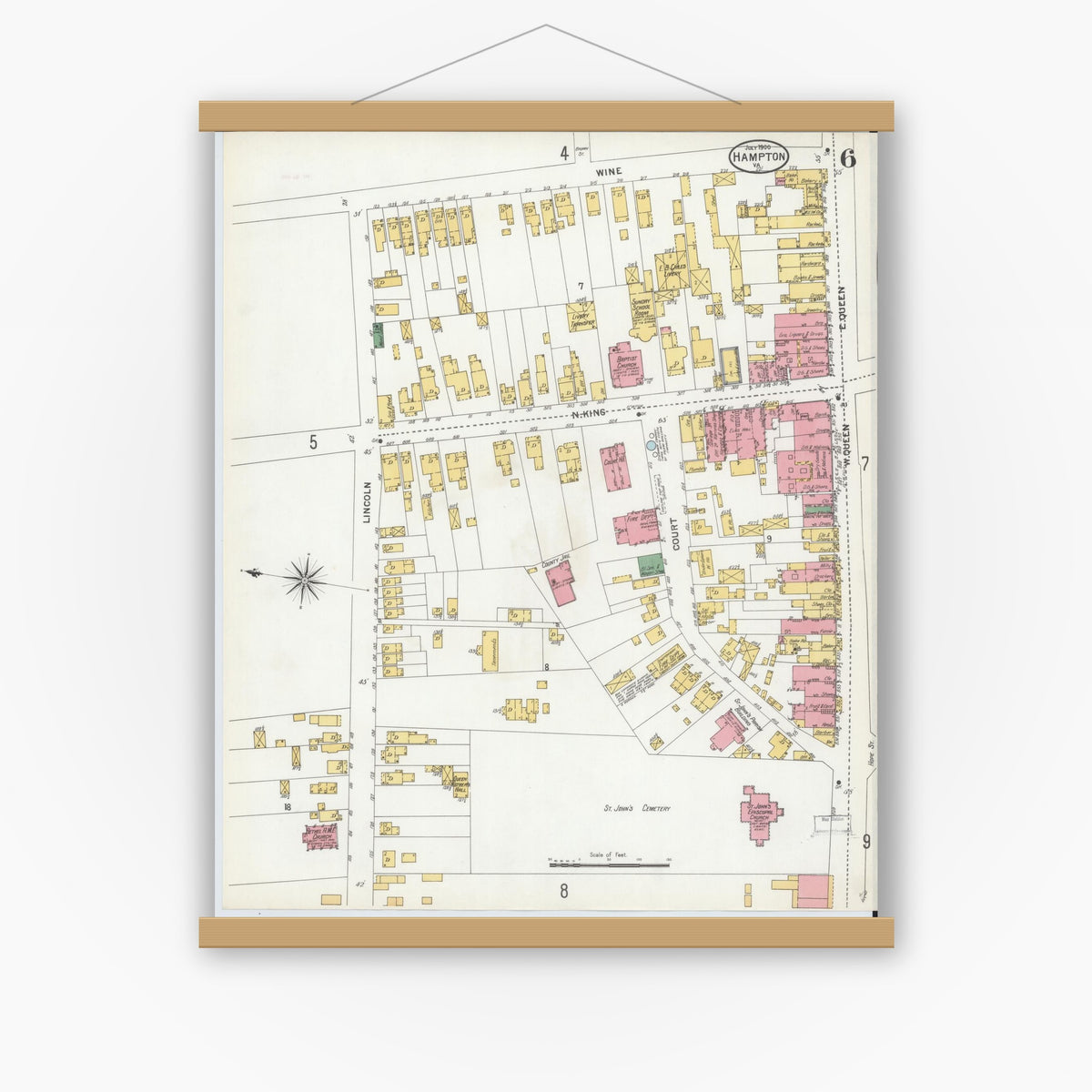 Old map wall art mockup — magnetic wood frame on white wall — Sanborn Fire Insurance Map from Hampton, Independent Cities, Virginia (1900), Sheet #0006