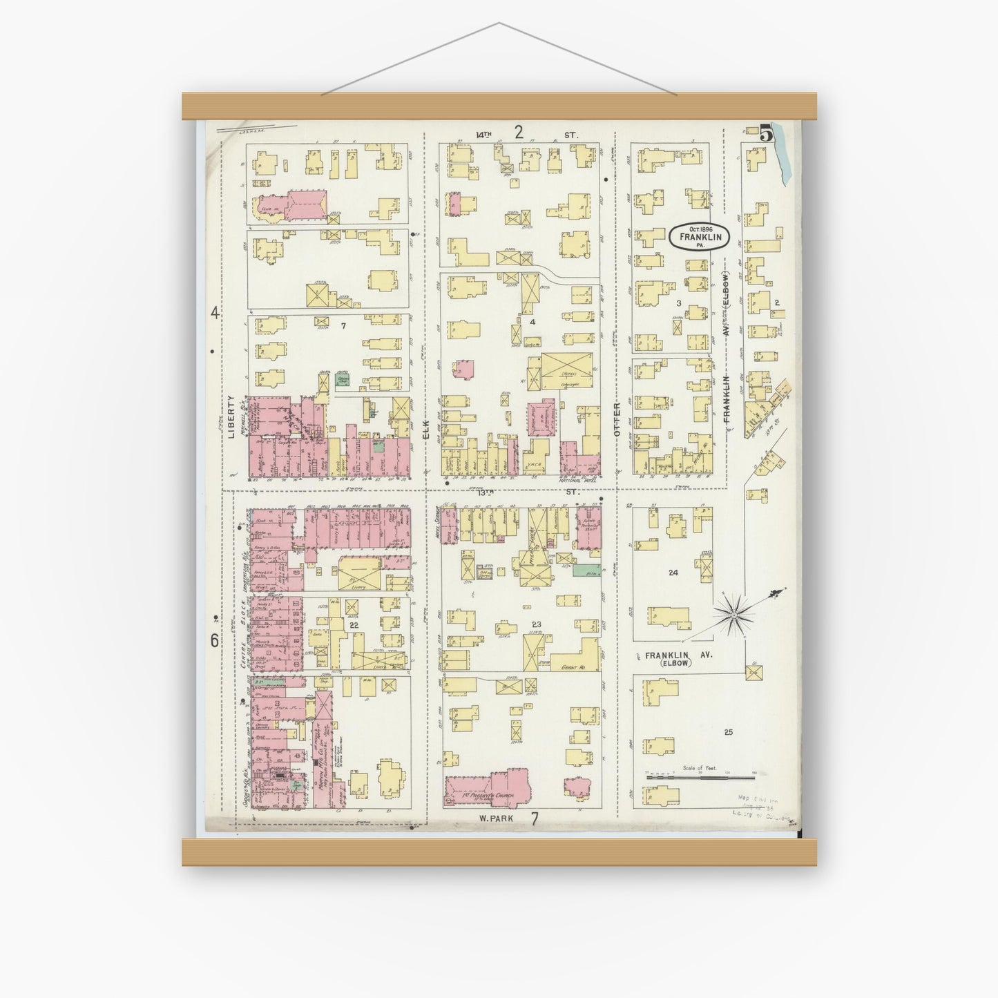 Old map wall art mockup — magnetic wood frame on white wall — Sanborn Fire Insurance Map from Franklin, Venango County, Pennsylvania (1896), Sheet #0005