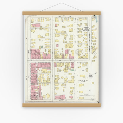Old map wall art mockup — magnetic wood frame on white wall — Sanborn Fire Insurance Map from Franklin, Venango County, Pennsylvania (1896), Sheet #0005