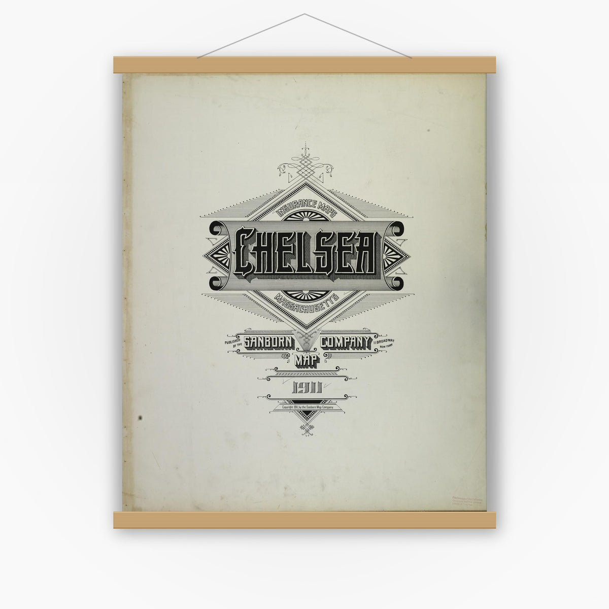 Old map wall art mockup — magnetic wood frame on white wall — Sanborn Fire Insurance Map from Chelsea, Suffolk County, Massachusetts (1911), Sheet #0001