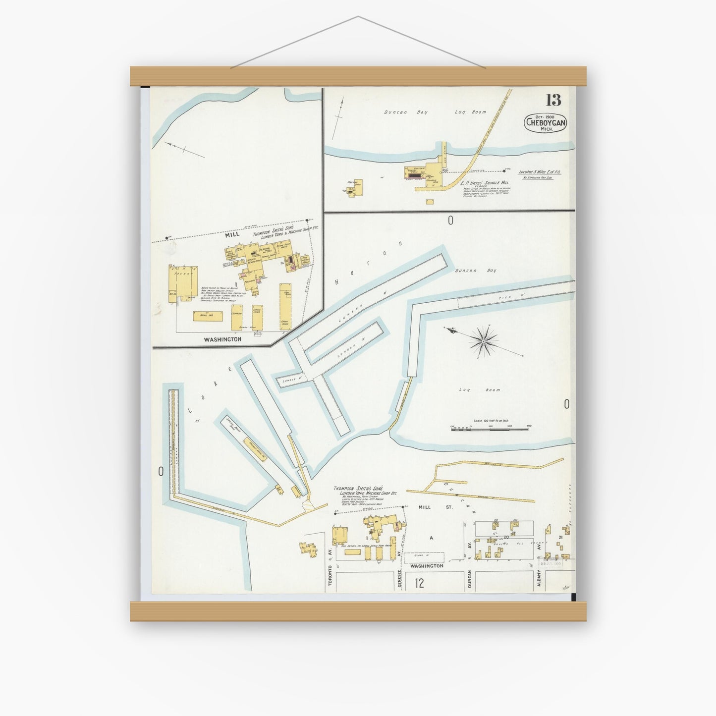 Old map wall art mockup — magnetic wood frame on white wall — Sanborn Fire Insurance Map from Cheboygan, Cheboygan County, Michigan (1900), Sheet #0013