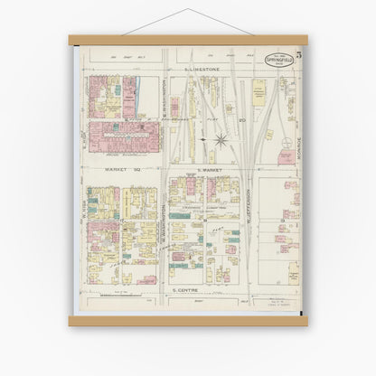 Old map wall art mockup — magnetic wood frame on white wall — Sanborn Fire Insurance Map from Springfield, Clark County, Ohio (1886), Sheet #0005
