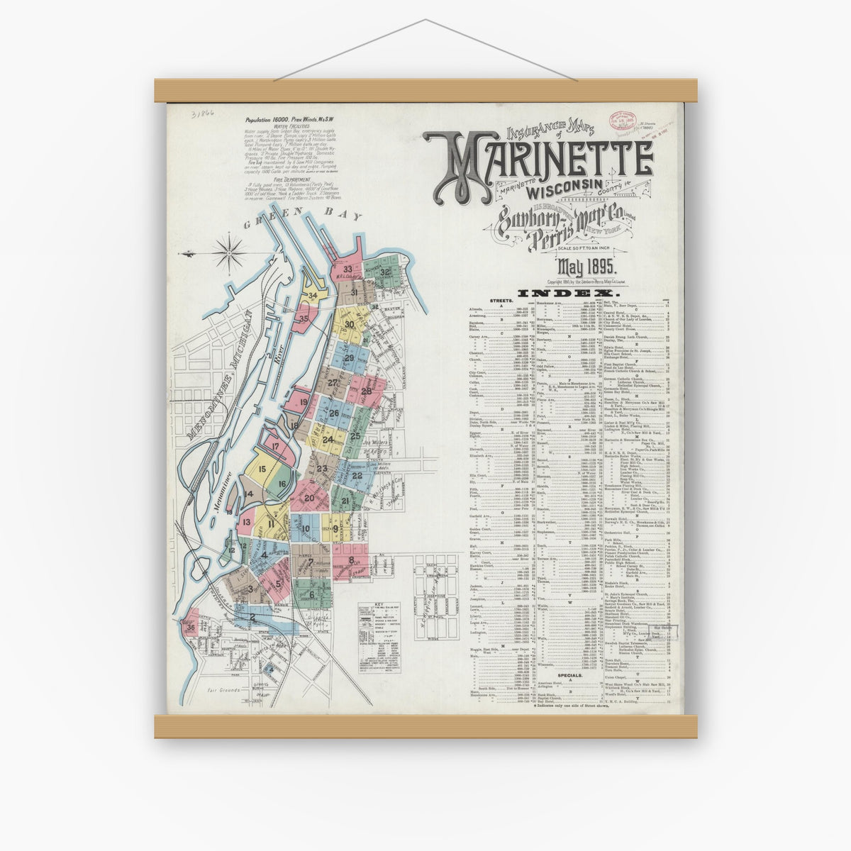 Old map wall art mockup — magnetic wood frame on white wall — Sanborn Fire Insurance Map from Marinette, Marinette County, Wisconsin (1895), Sheet #0001