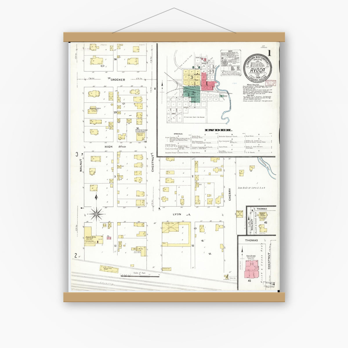 Old map wall art mockup — magnetic wood frame on white wall — Sanborn Fire Insurance Map from Avoca, Pottawattamie County, Iowa (1909) â€” Complete Set