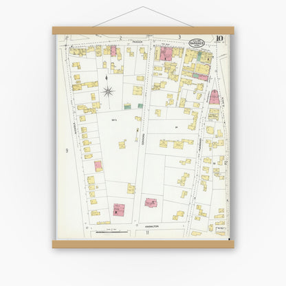 Old map wall art mockup — magnetic wood frame on white wall — Sanborn Fire Insurance Map from Gardner, Worcester County, Massachusetts (1905), Sheet #0010