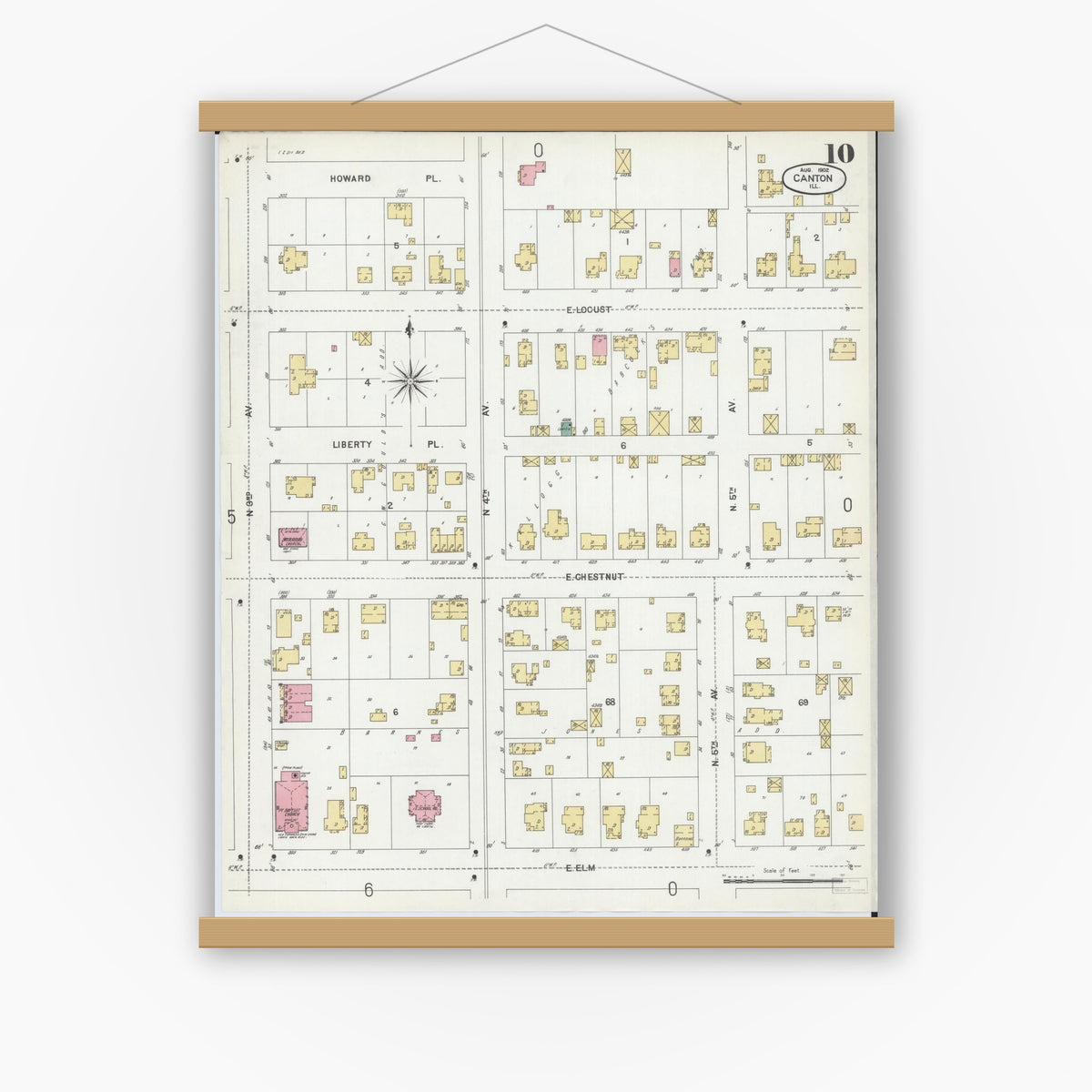 Old map wall art mockup — magnetic wood frame on white wall — Sanborn Fire Insurance Map from Canton, Fulton County, Illinois (1902), Sheet #0010
