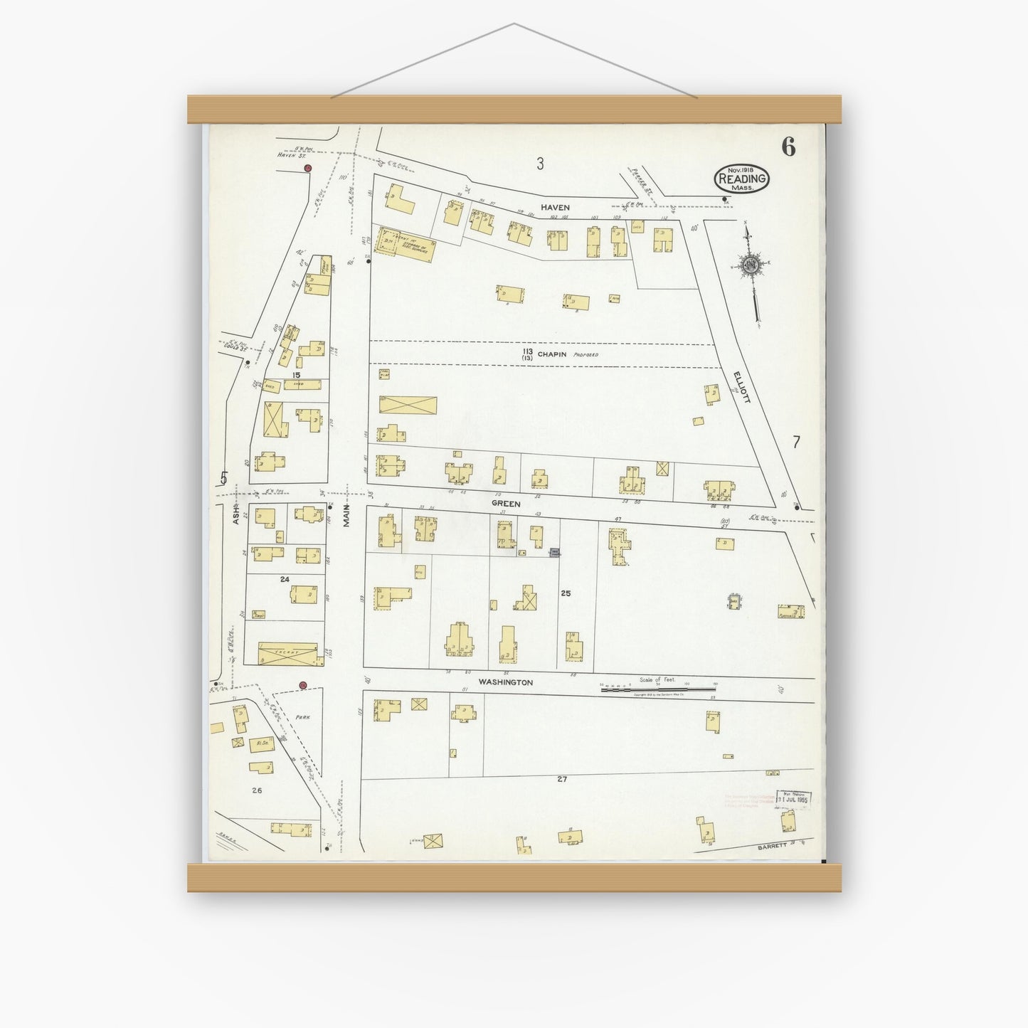 Old map wall art mockup — magnetic wood frame on white wall — Sanborn Fire Insurance Map from Reading, Middlesex County, Massachusetts (1918), Sheet #0006