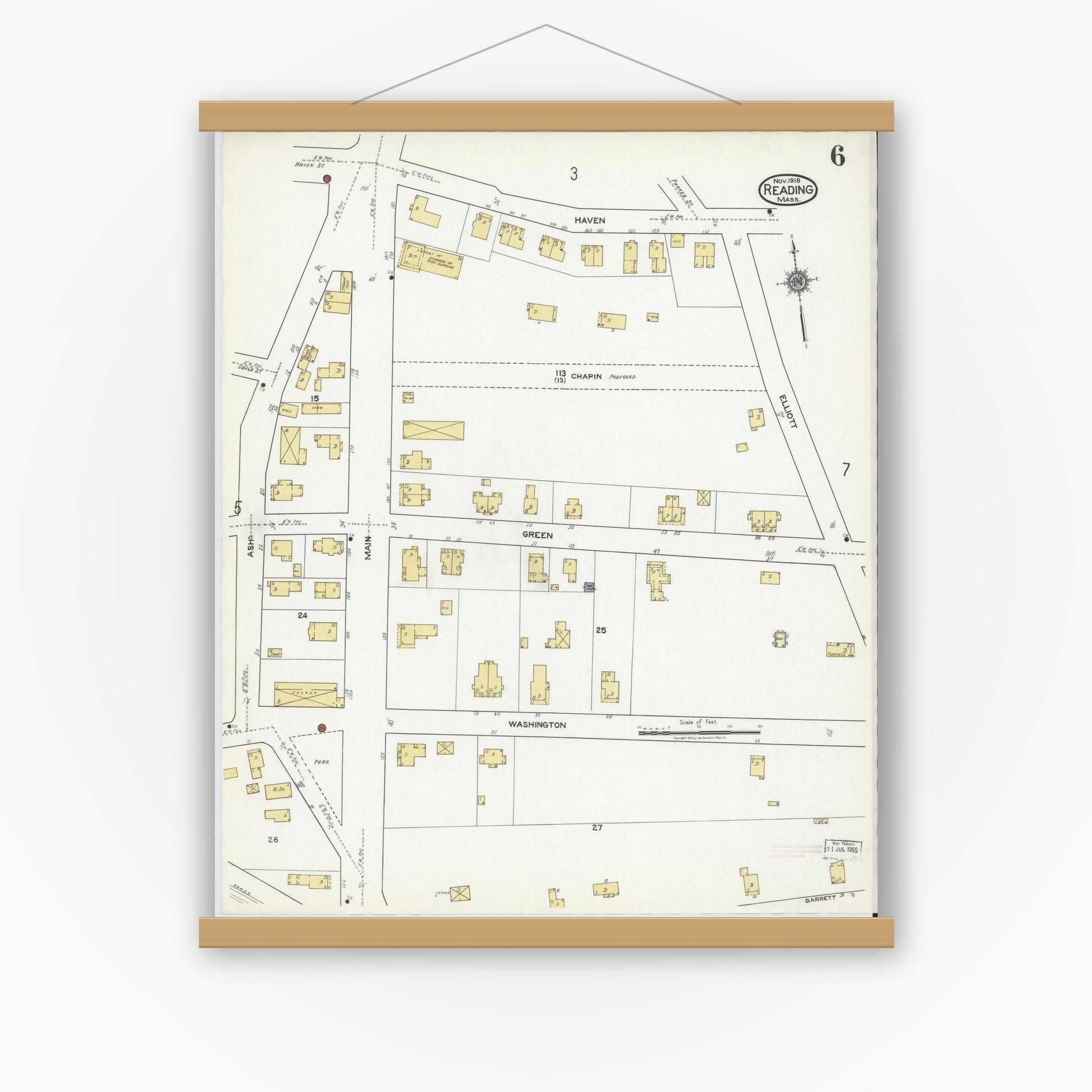 Old map wall art mockup — magnetic wood frame on white wall — Sanborn Fire Insurance Map from Reading, Middlesex County, Massachusetts (1918), Sheet #0006