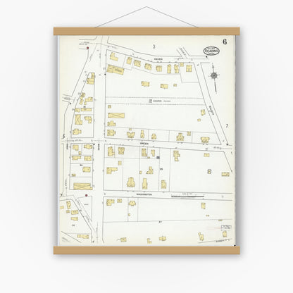 Old map wall art mockup — magnetic wood frame on white wall — Sanborn Fire Insurance Map from Reading, Middlesex County, Massachusetts (1918), Sheet #0006