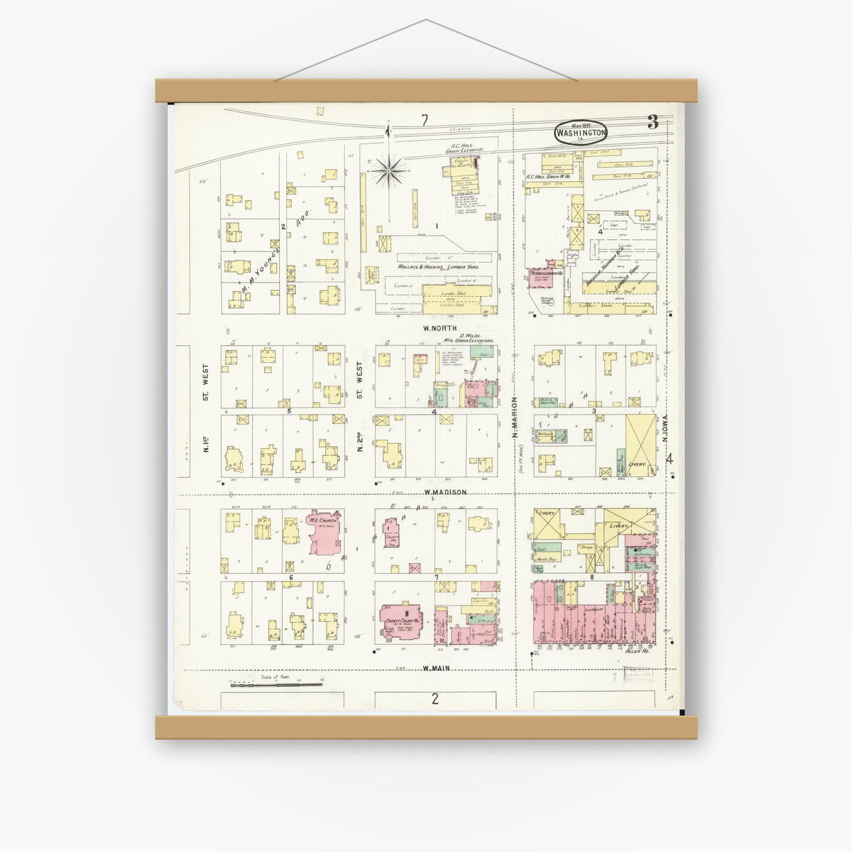 Old map wall art mockup — magnetic wood frame on white wall — Sanborn Fire Insurance Map from Washington, Washington County, Iowa (1897), Sheet #0003
