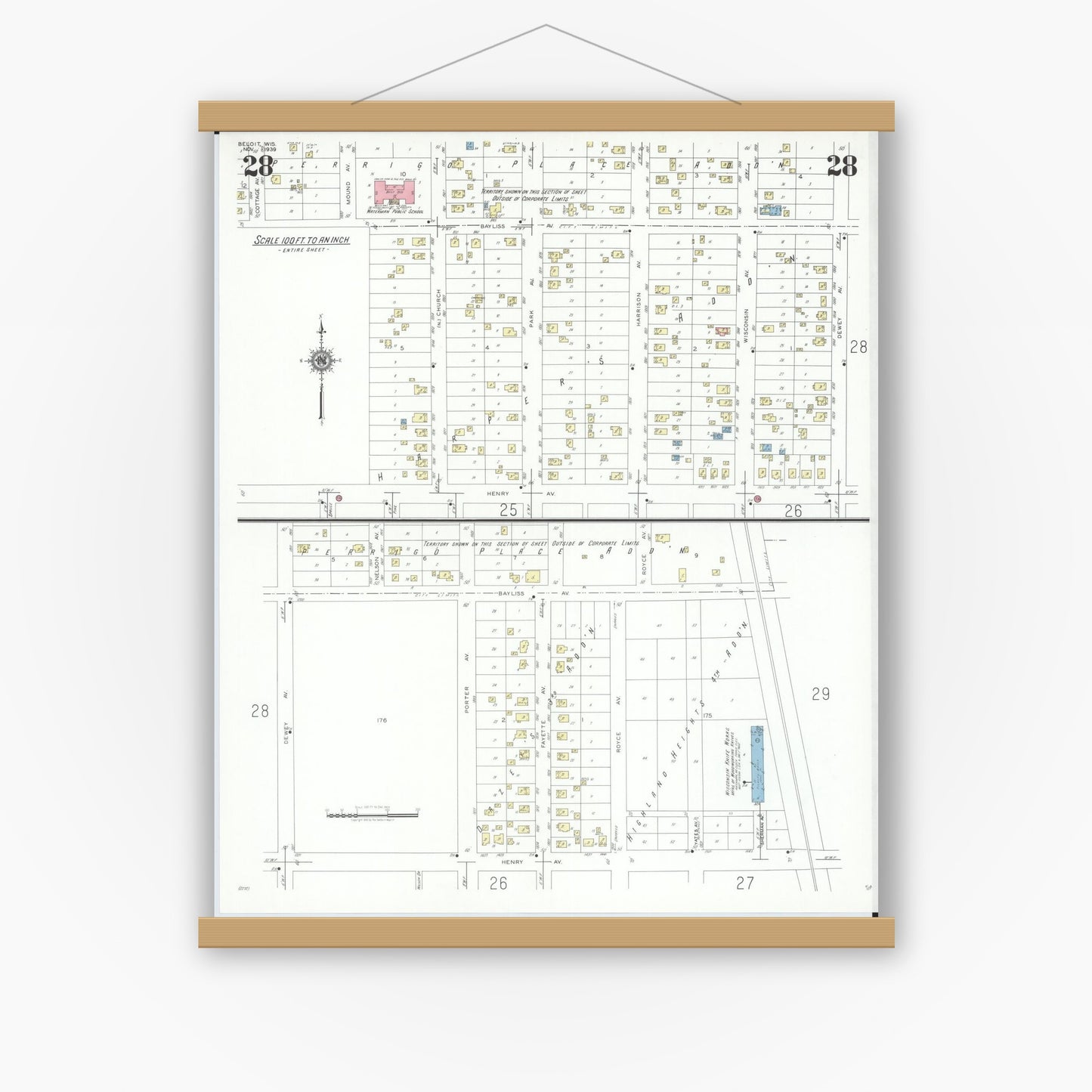Old map wall art mockup — magnetic wood frame on white wall — Sanborn Fire Insurance Map from Beloit, Rock County, Wisconsin (1939), Sheet #0028