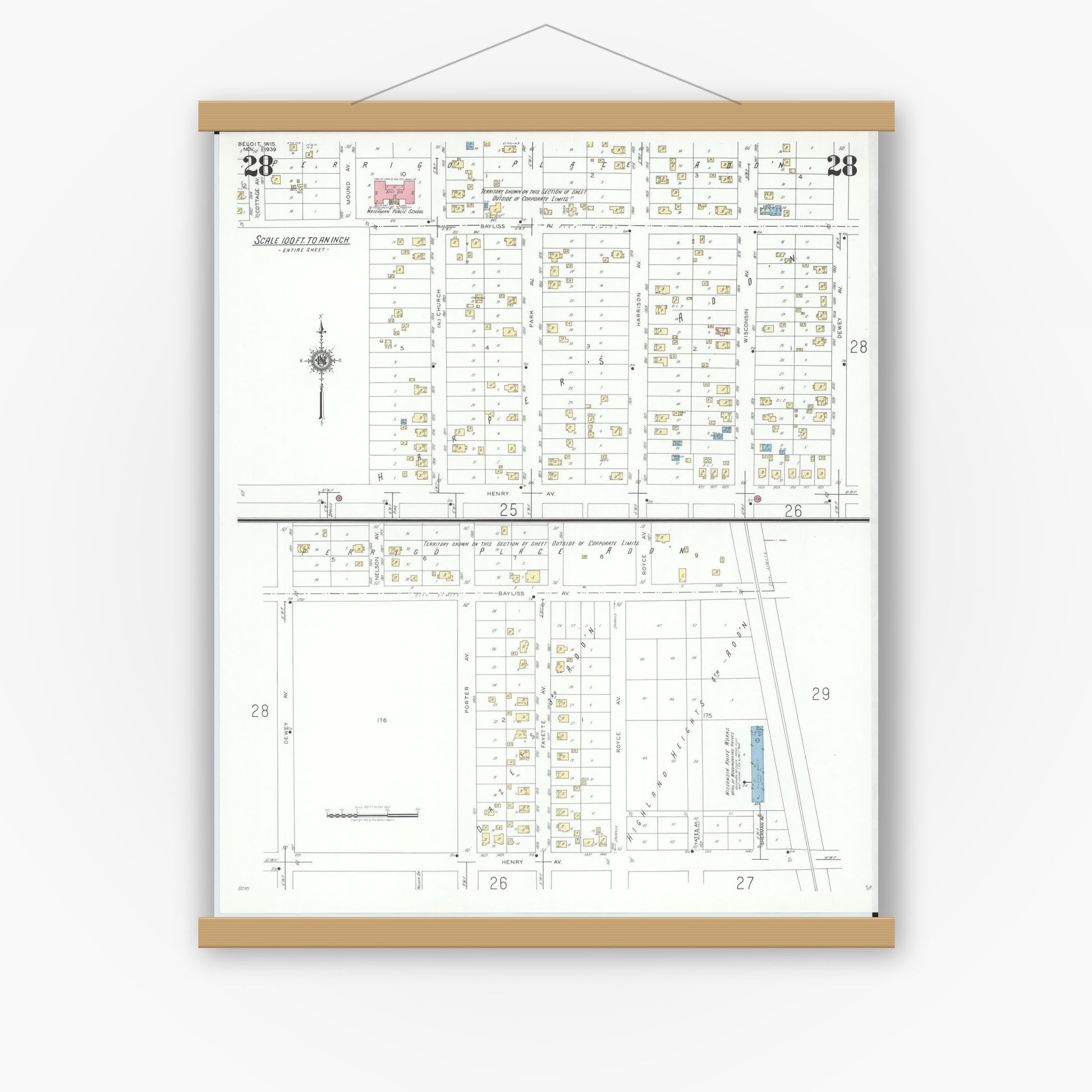 Old map wall art mockup — magnetic wood frame on white wall — Sanborn Fire Insurance Map from Beloit, Rock County, Wisconsin (1939), Sheet #0028