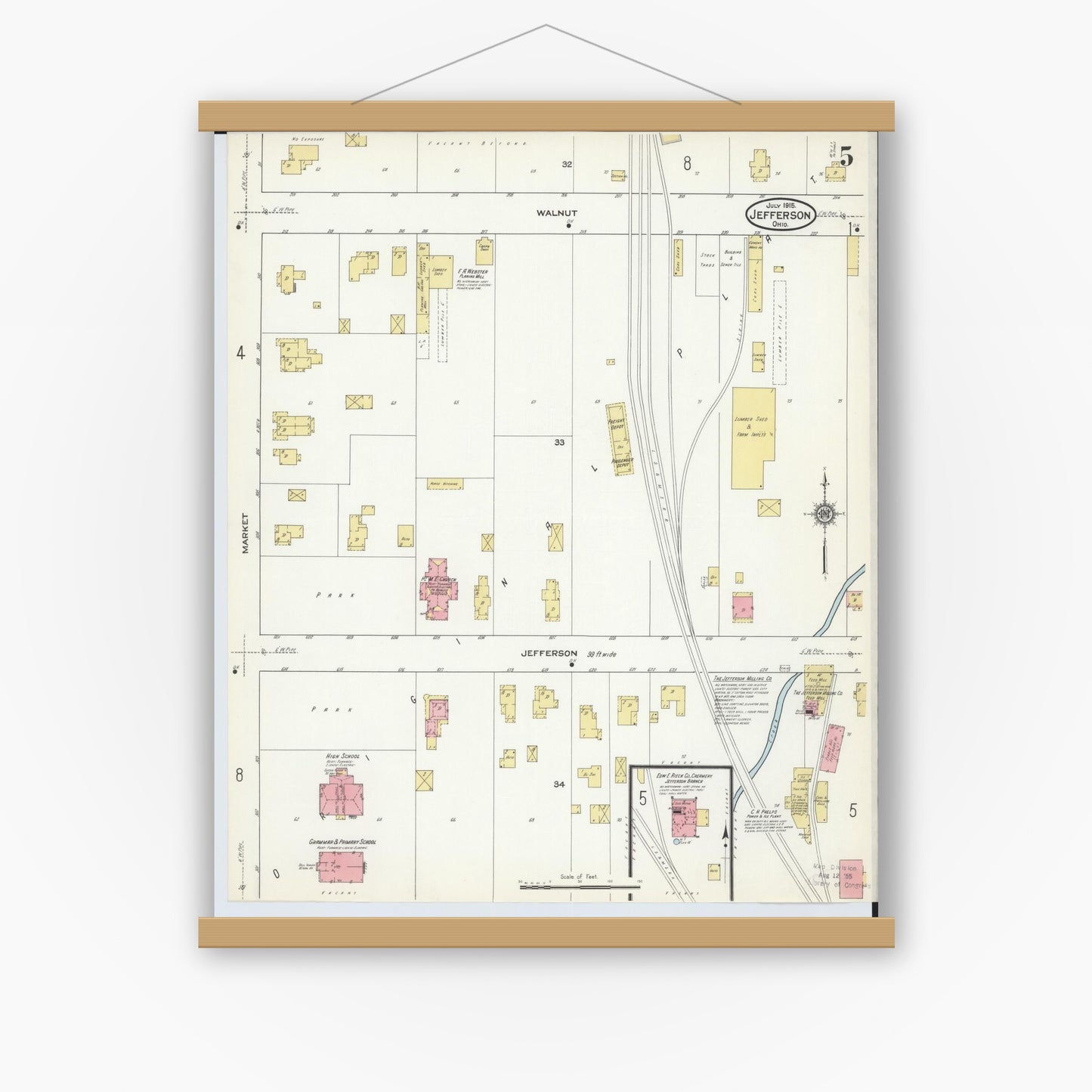 Old map wall art mockup — magnetic wood frame on white wall — Sanborn Fire Insurance Map from Jefferson, Ashtabula County, Ohio (1915), Sheet #0005