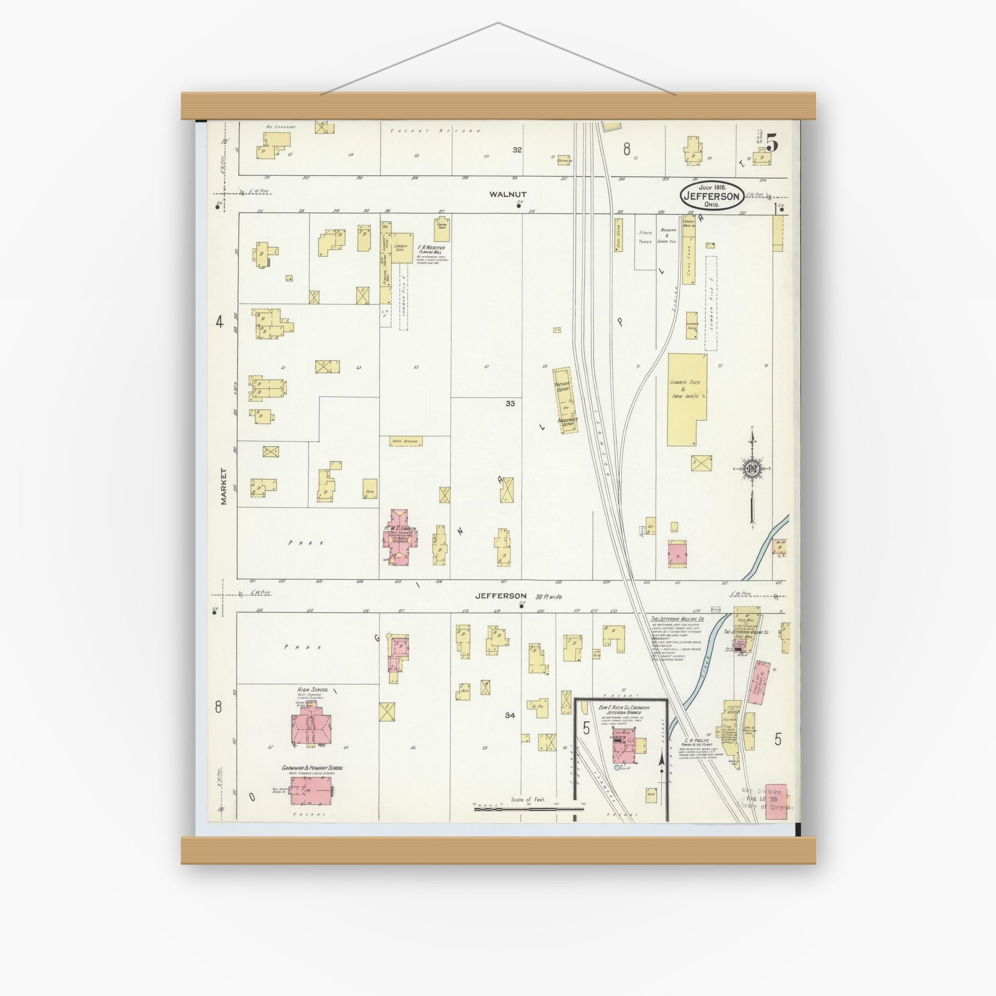 Old map wall art mockup — magnetic wood frame on white wall — Sanborn Fire Insurance Map from Jefferson, Ashtabula County, Ohio (1915), Sheet #0005