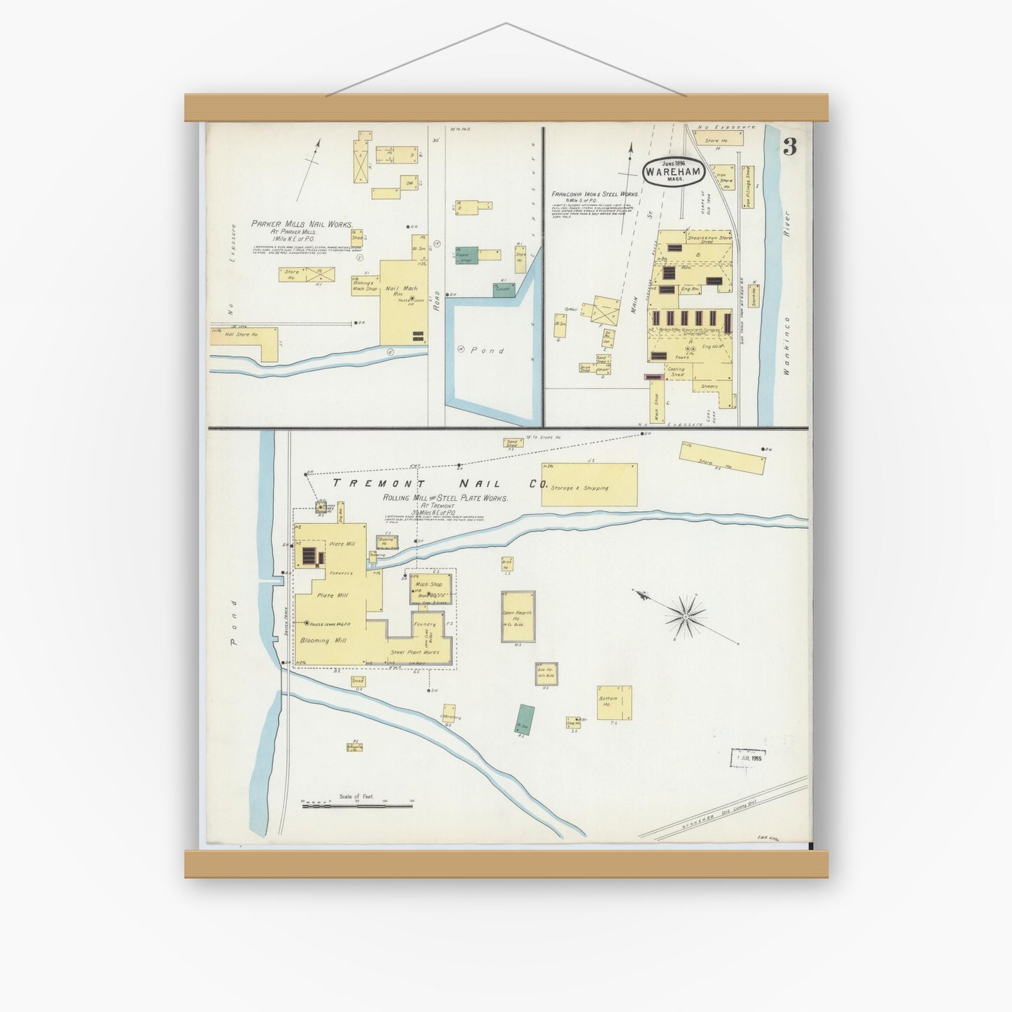 Old map wall art mockup — magnetic wood frame on white wall — Sanborn Fire Insurance Map from Wareham, Plymouth County, Massachusetts (1896), Sheet #0003