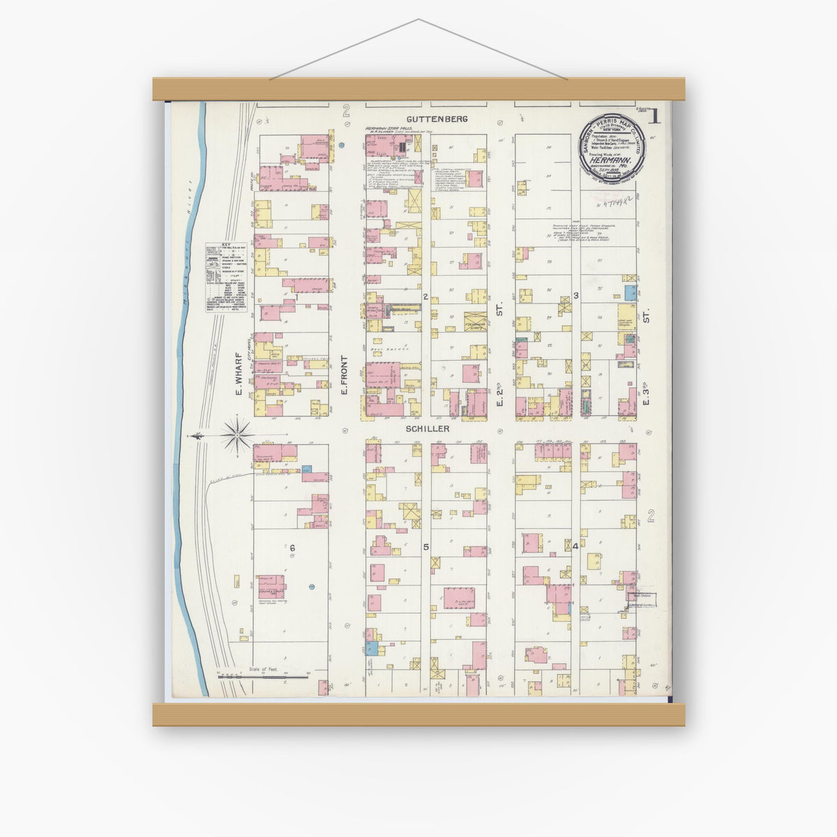 Old map wall art mockup — magnetic wood frame on white wall — Sanborn Fire Insurance Map from Hermann, Gasconade County, Missouri (1892), Sheet #0001