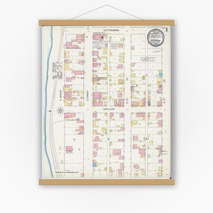Old map wall art mockup — magnetic wood frame on white wall — Sanborn Fire Insurance Map from Hermann, Gasconade County, Missouri (1892), Sheet #0001