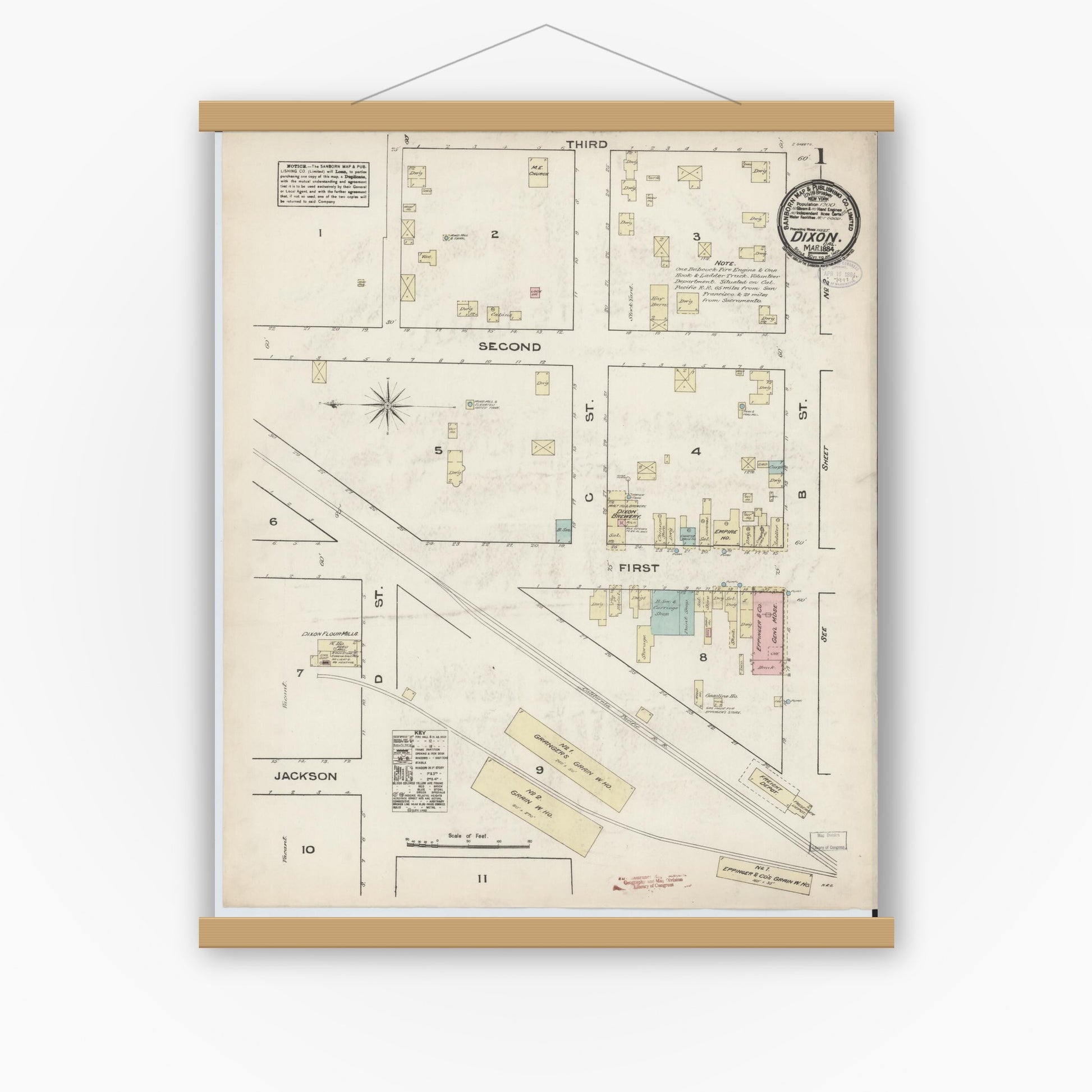 Old map wall art mockup — magnetic wood frame on white wall — Sanborn Fire Insurance Map from Dixon, Solano County, California (1884) - Complete Map Set