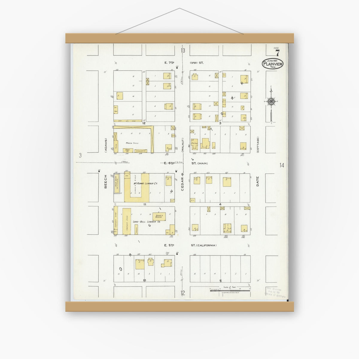 Old map wall art mockup — magnetic wood frame on white wall — Sanborn Fire Insurance Map from Plainview, Hale County, Texas (1921), Sheet #0007
