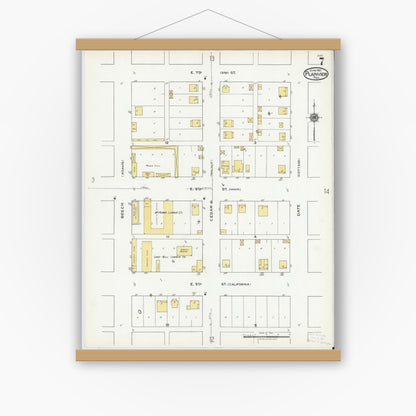 Old map wall art mockup — magnetic wood frame on white wall — Sanborn Fire Insurance Map from Plainview, Hale County, Texas (1921), Sheet #0007