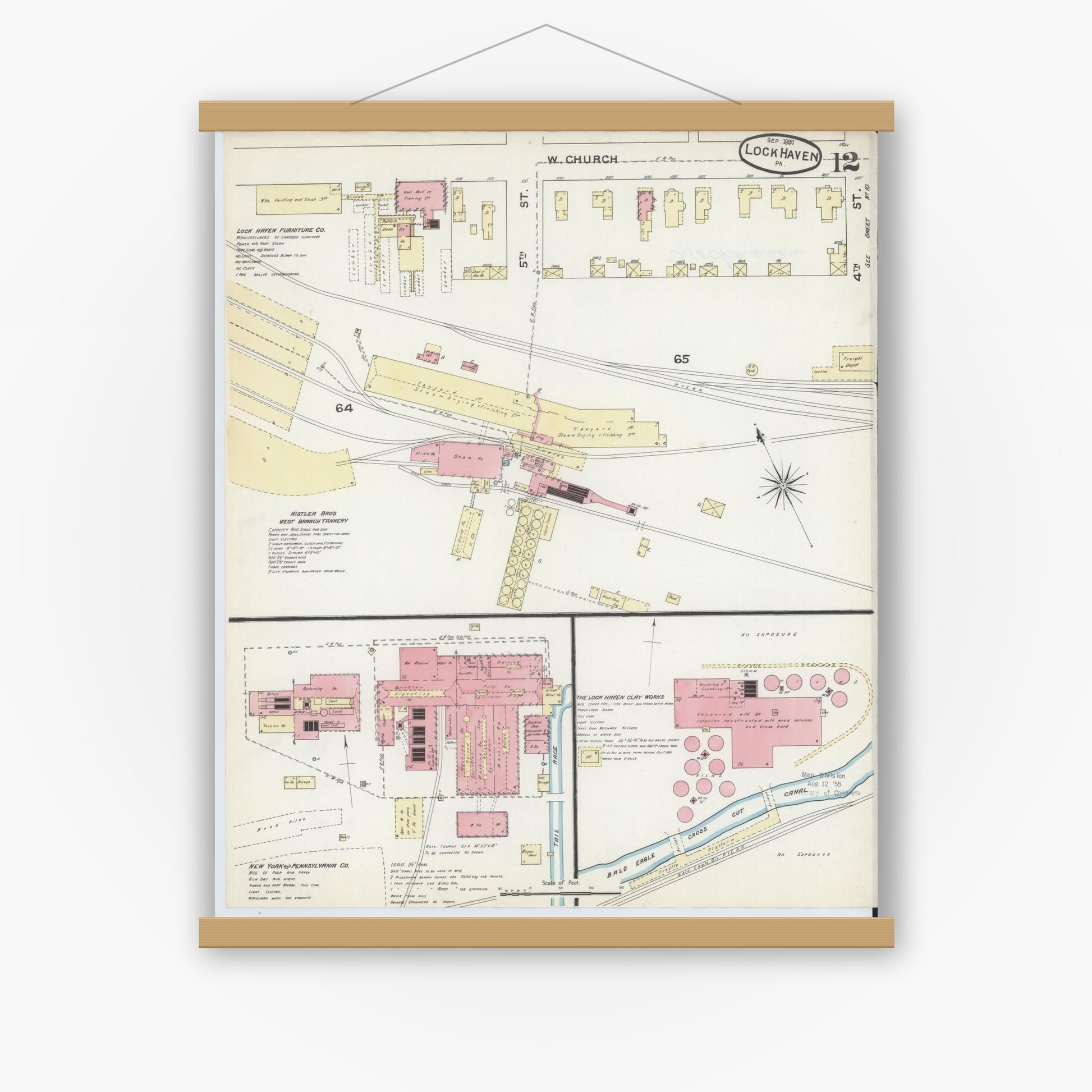 Old map wall art mockup — magnetic wood frame on white wall — Sanborn Fire Insurance Map from Lock Haven, Clinton County, Pennsylvania (1891), Sheet #0012