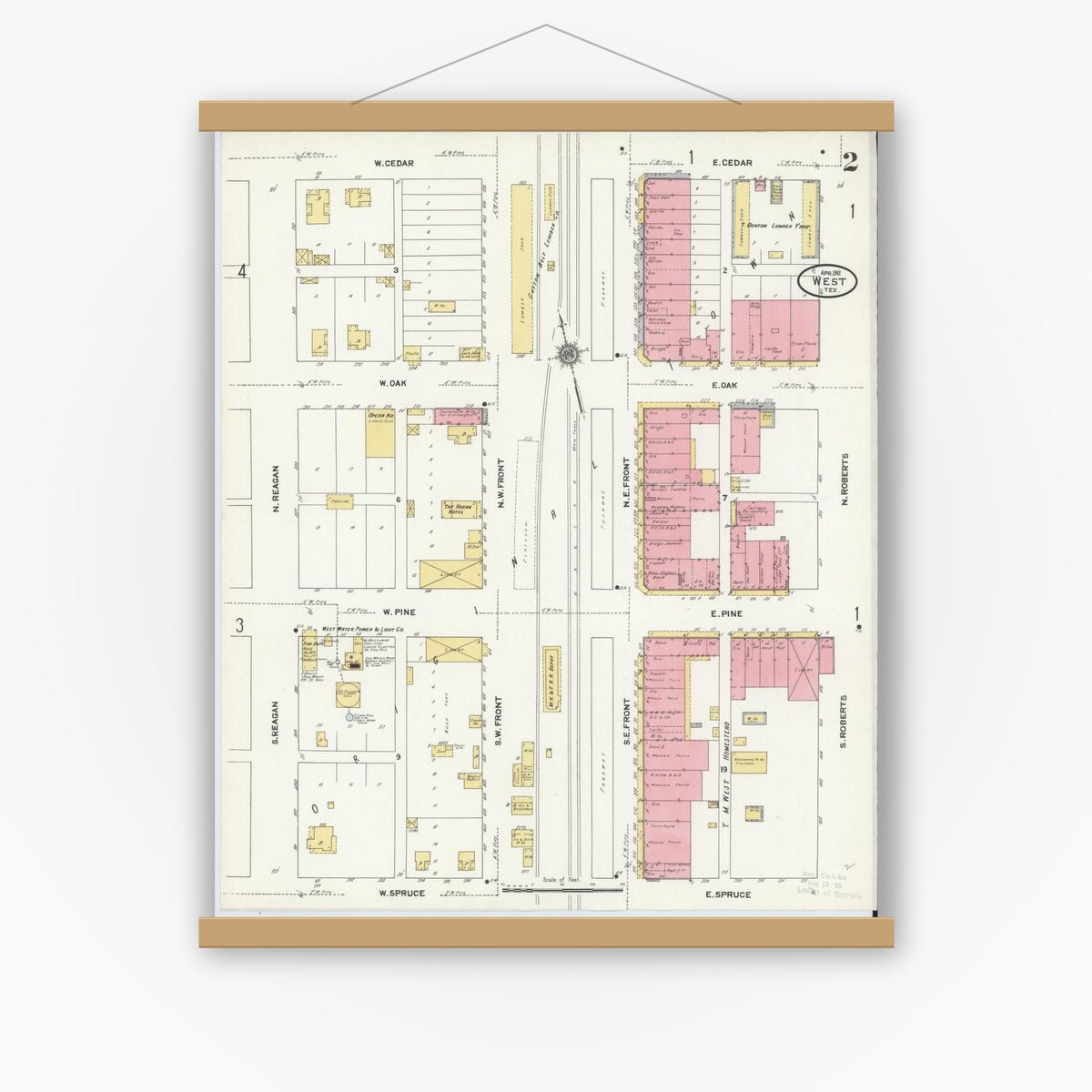 Old map wall art mockup — magnetic wood frame on white wall — Sanborn Fire Insurance Map from West, McLennan County, Texas (1911), Sheet #0002