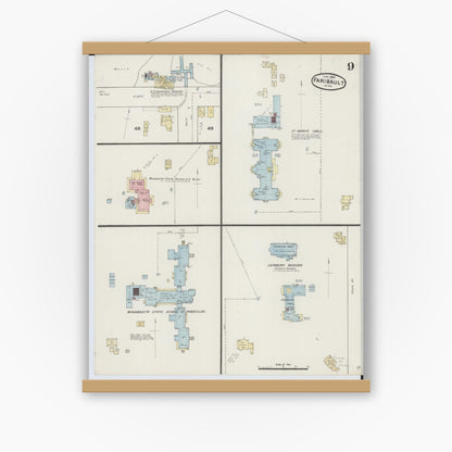 Old map wall art mockup — magnetic wood frame on white wall — Sanborn Fire Insurance Map from Faribault, Rice County, Minnesota (1889), Sheet #0009
