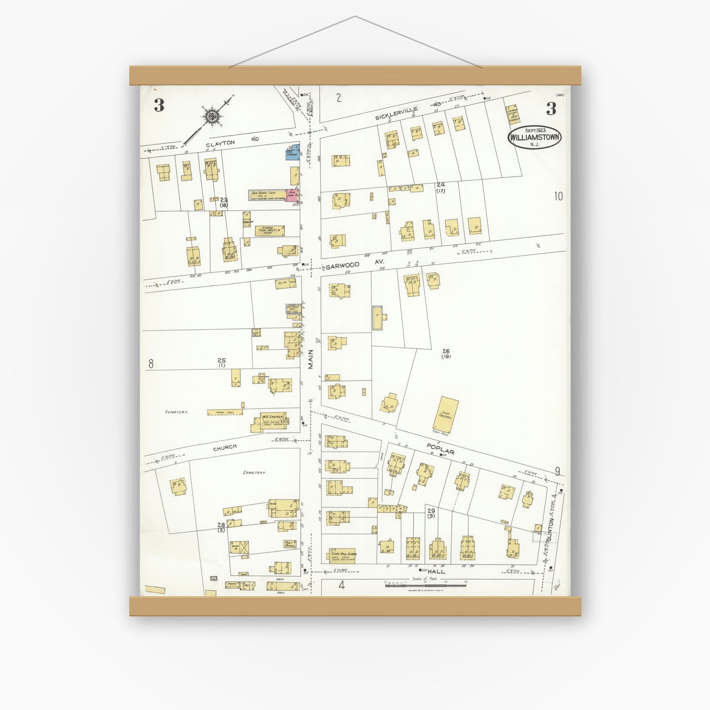 Old map wall art mockup — magnetic wood frame on white wall — Sanborn Fire Insurance Map from Williamstown, Gloucester County, New Jersey (1923), Sheet #0003