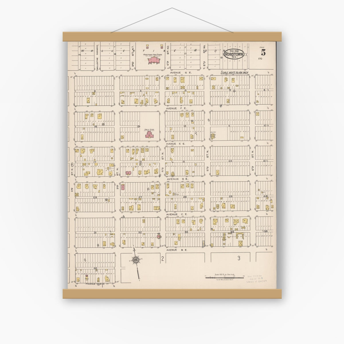 Old map wall art mockup — magnetic wood frame on white wall — Sanborn Fire Insurance Map from Robstown, Nueces County, Texas (1922), Sheet #0005