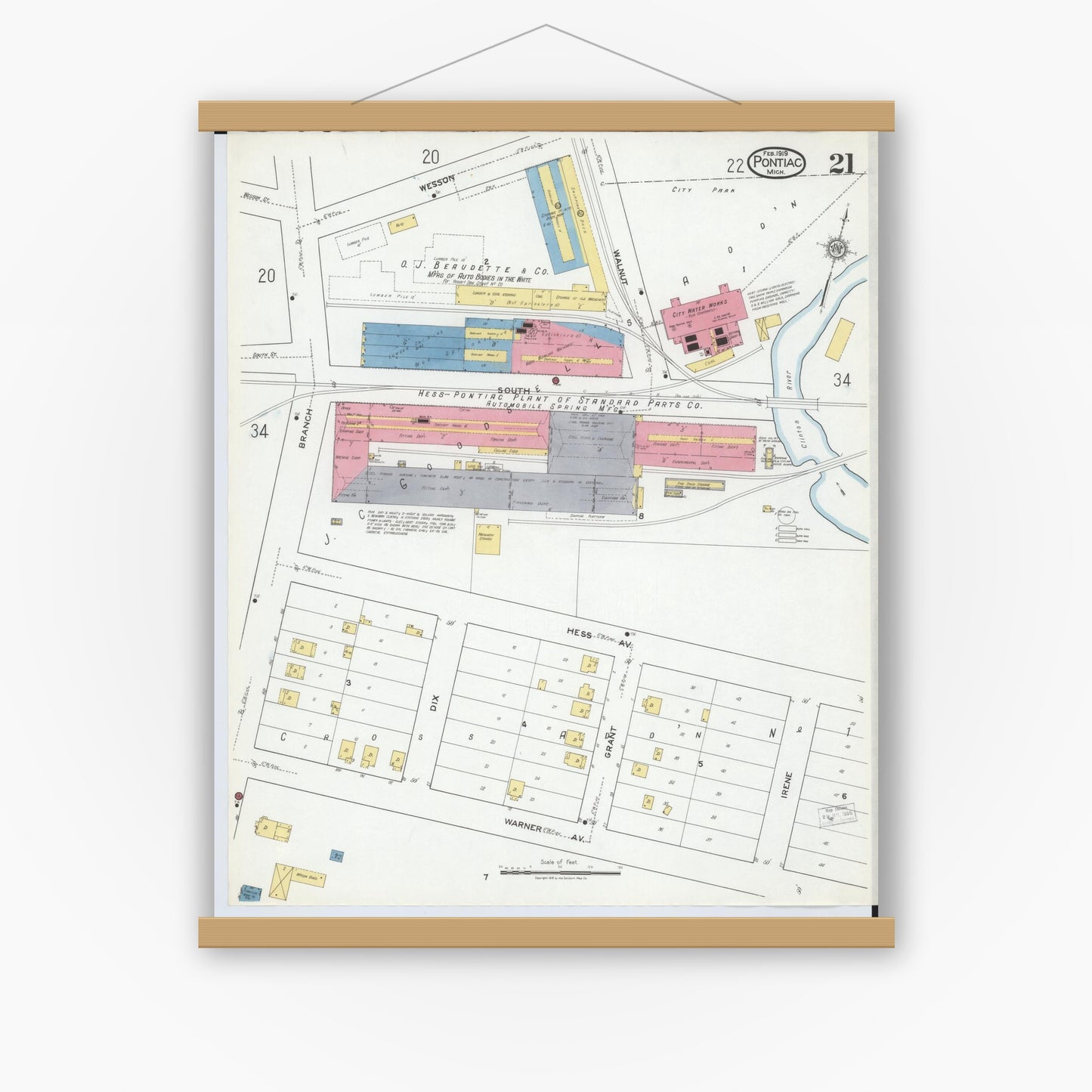 Old map wall art mockup — magnetic wood frame on white wall — Sanborn Fire Insurance Map from Pontiac, Oakland County, Michigan (1919), Sheet #0021