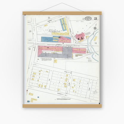 Old map wall art mockup — magnetic wood frame on white wall — Sanborn Fire Insurance Map from Pontiac, Oakland County, Michigan (1919), Sheet #0021