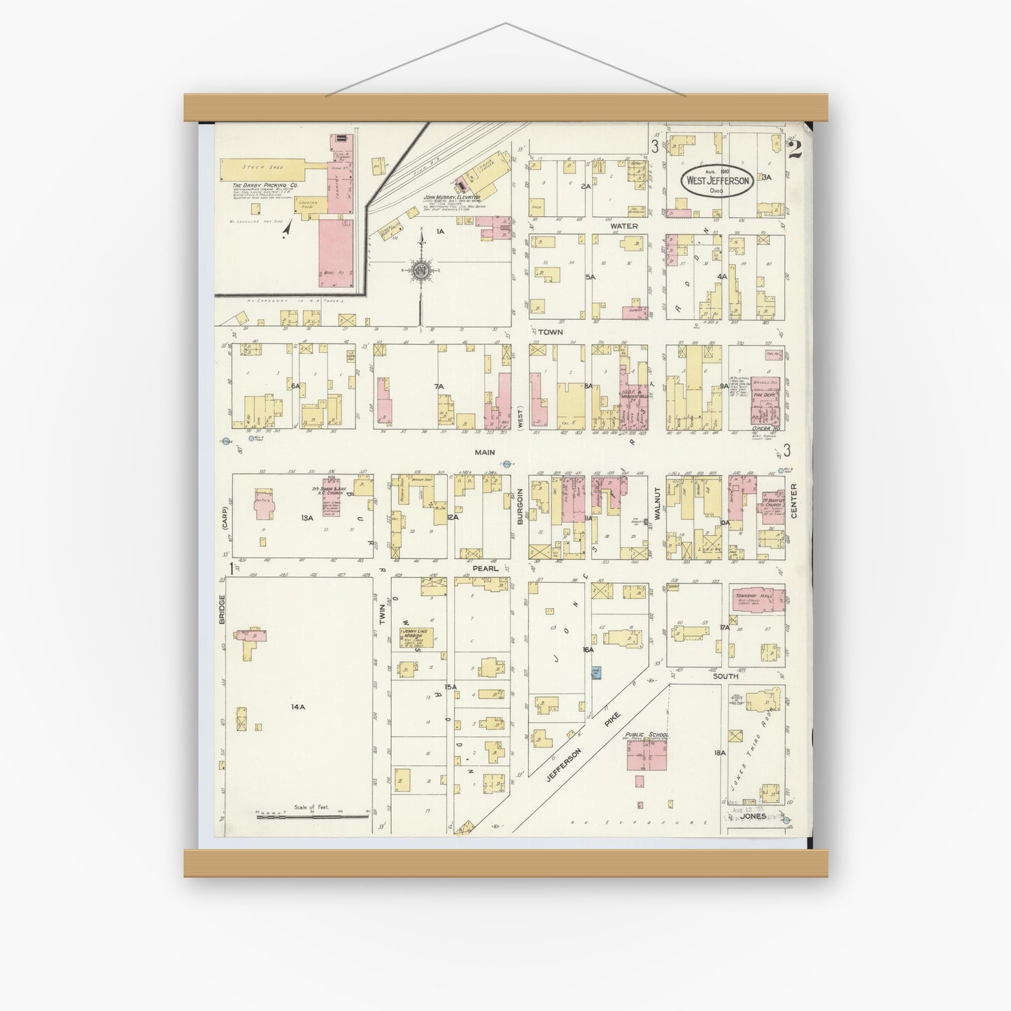 Old map wall art mockup — magnetic wood frame on white wall — Sanborn Fire Insurance Map from West Jefferson, Madison County, Ohio (1910), Sheet #0002