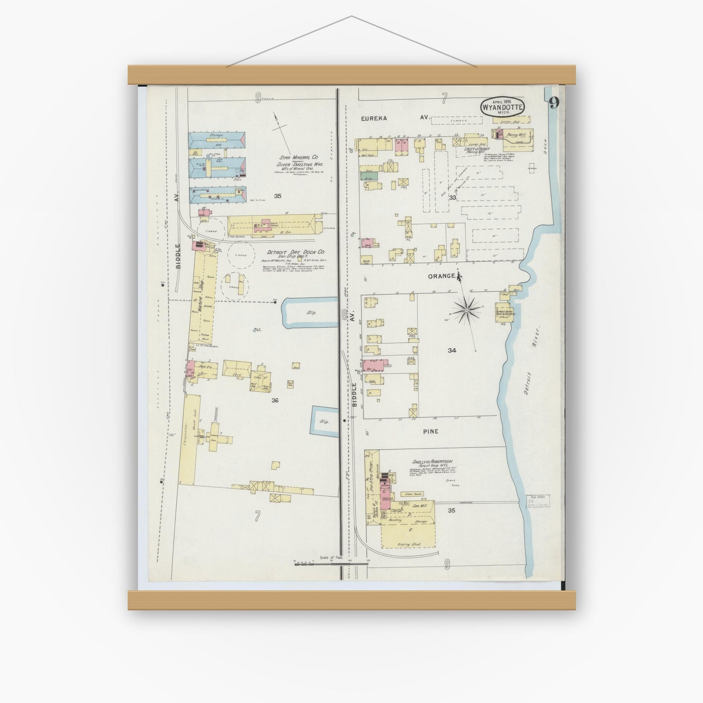 Old map wall art mockup — magnetic wood frame on white wall — Sanborn Fire Insurance Map from Wyandotte, Wayne County, Michigan (1895), Sheet #0009