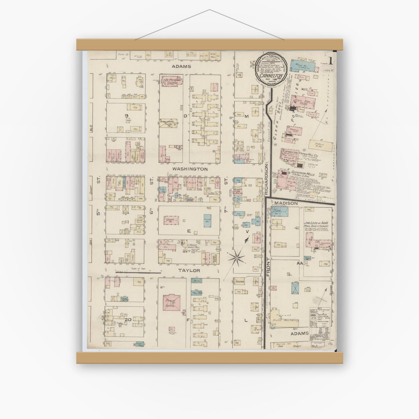 Old map wall art mockup — magnetic wood frame on white wall — Sanborn Fire Insurance Map from Cannelton, Perry County, Indiana (1886) - Complete Map Set