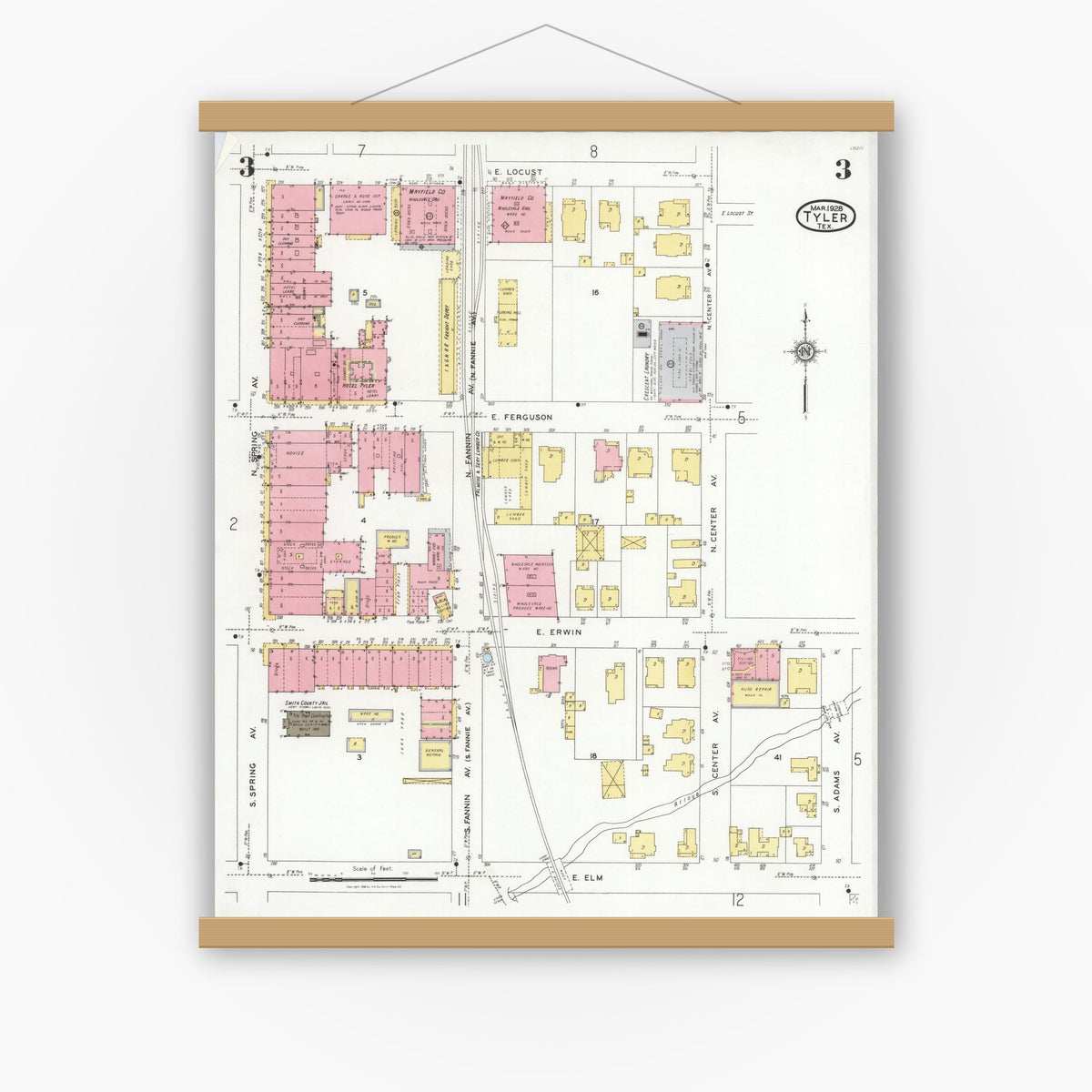 Old map wall art mockup — magnetic wood frame on white wall — Sanborn Fire Insurance Map from Tyler, Smith County, Texas (1928), Sheet #0003