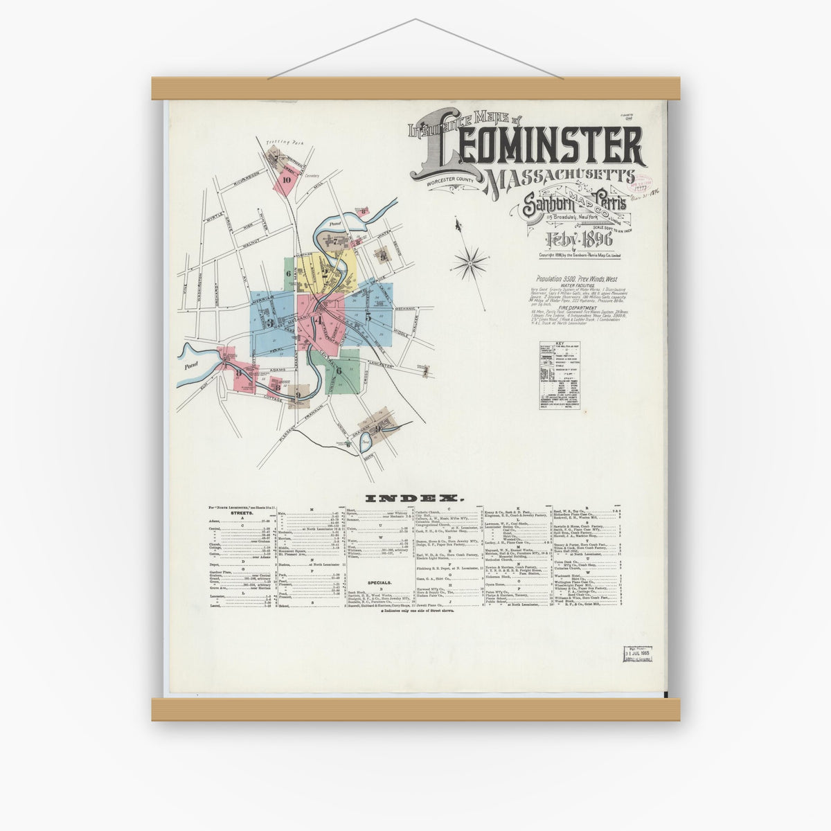Old map wall art mockup — magnetic wood frame on white wall — Sanborn Fire Insurance Map from Leominster, Worcester County, Massachusetts (1896) - Complete Map Set