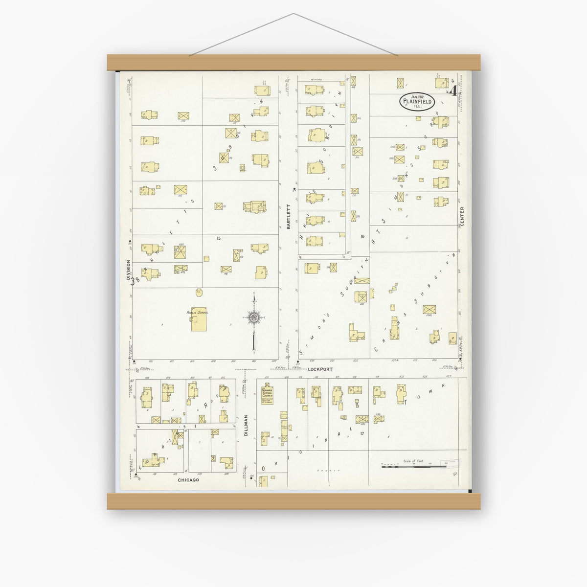 Old map wall art mockup — magnetic wood frame on white wall — Sanborn Fire Insurance Map from Plainfield, Will County, Illinois (1912), Sheet #0004