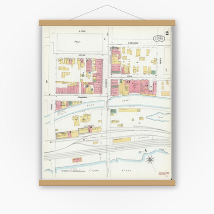 Old map wall art mockup — magnetic wood frame on white wall — Sanborn Fire Insurance Map from Clyde, Wayne County, New York (1901), Sheet #0002
