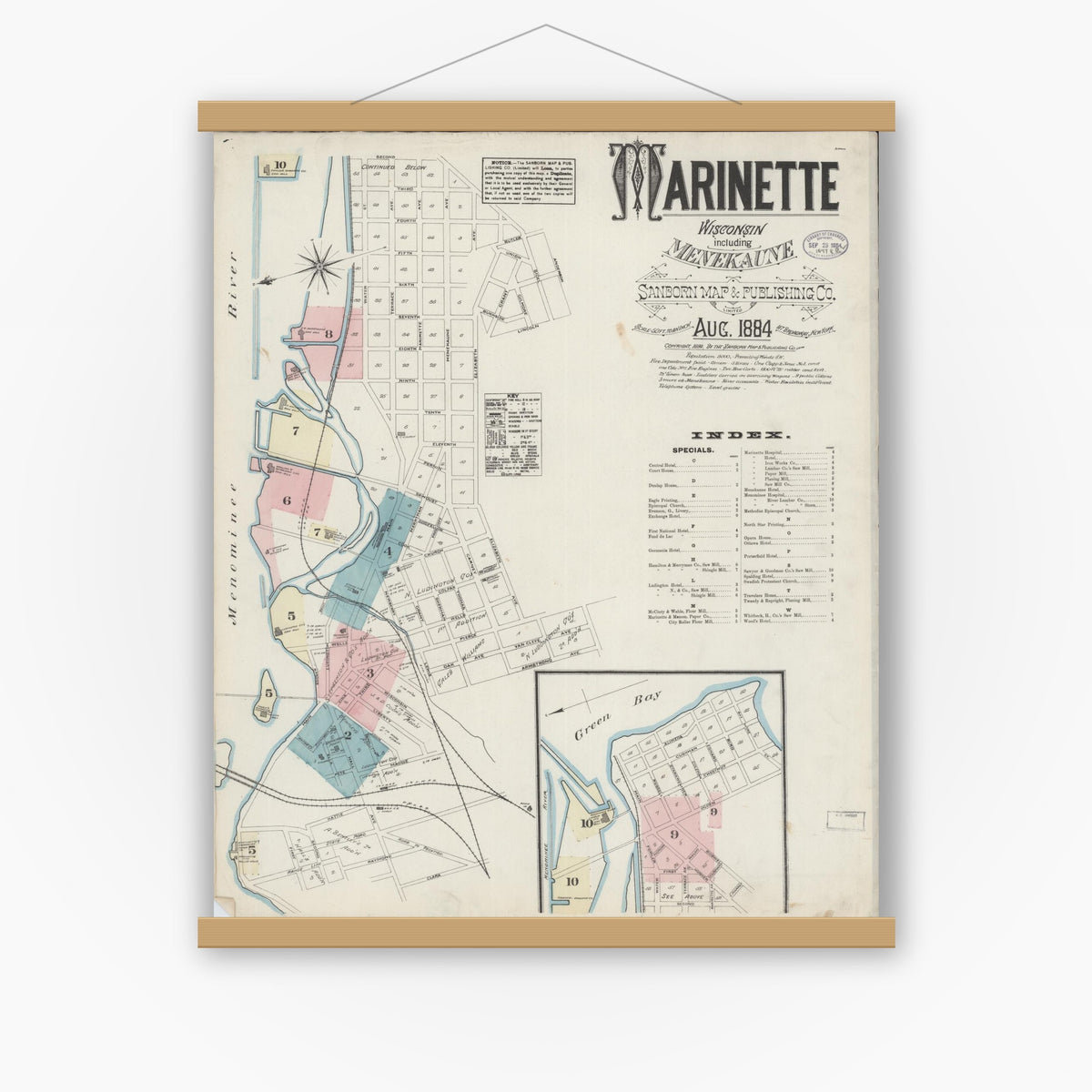 Old map wall art mockup — magnetic wood frame on white wall — Sanborn Fire Insurance Map from Marinette, Marinette County, Wisconsin (1884), Sheet #0001