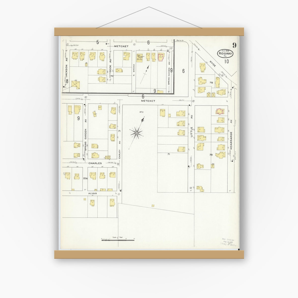 Old map wall art mockup — magnetic wood frame on white wall — Sanborn Fire Insurance Map from Ridgway, Elk County, Pennsylvania (1909), Sheet #0009